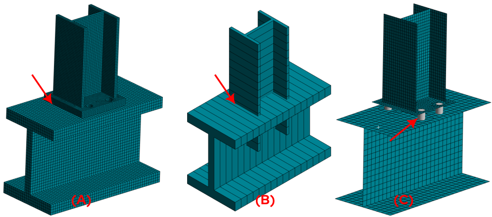 diferentes modelos em elementos finitos para modegem de uma ligação de estrutura metálica.